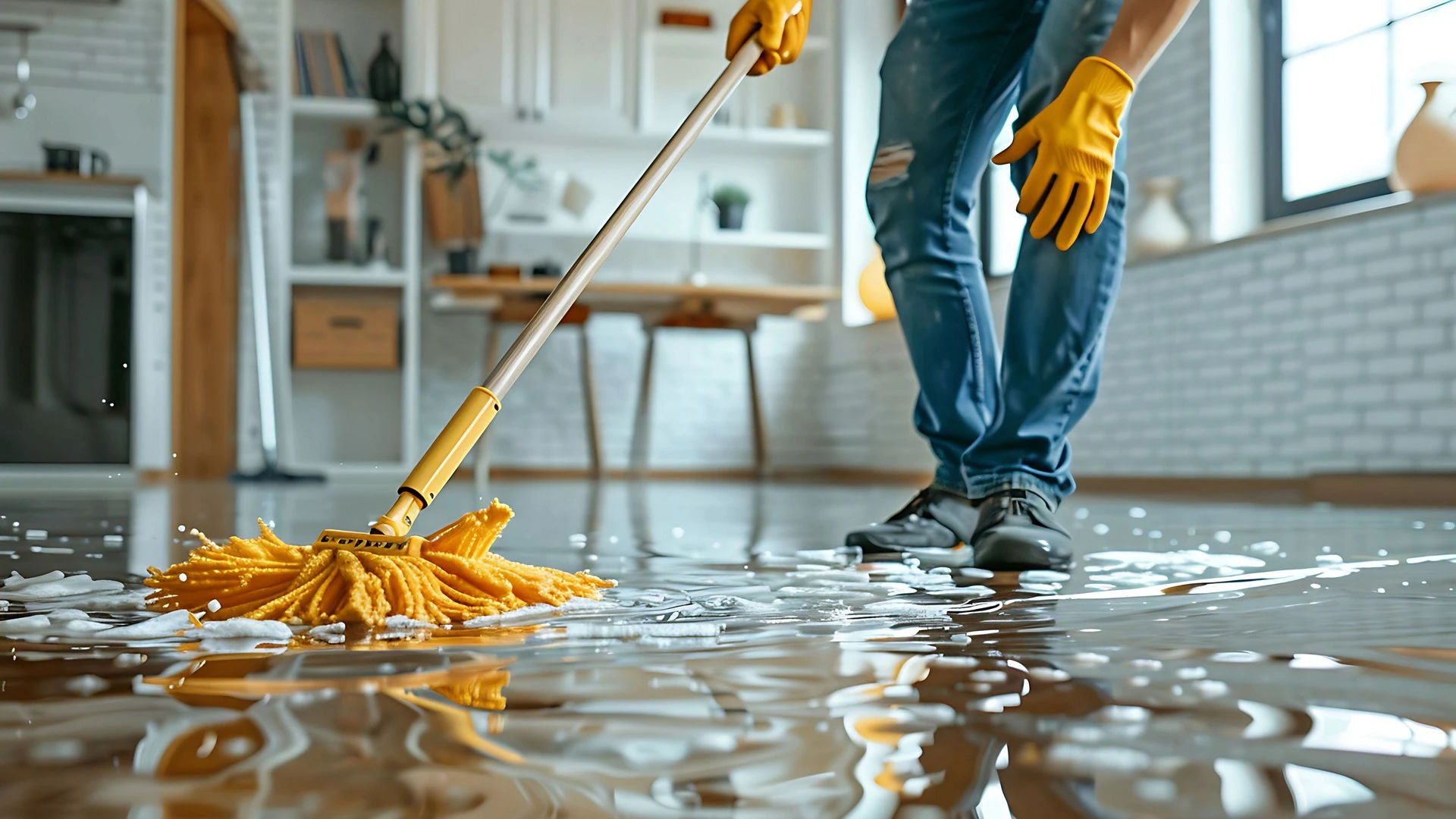 Wasser auf dem Holzboden wird nach einem Wasserschaden aufgewischt